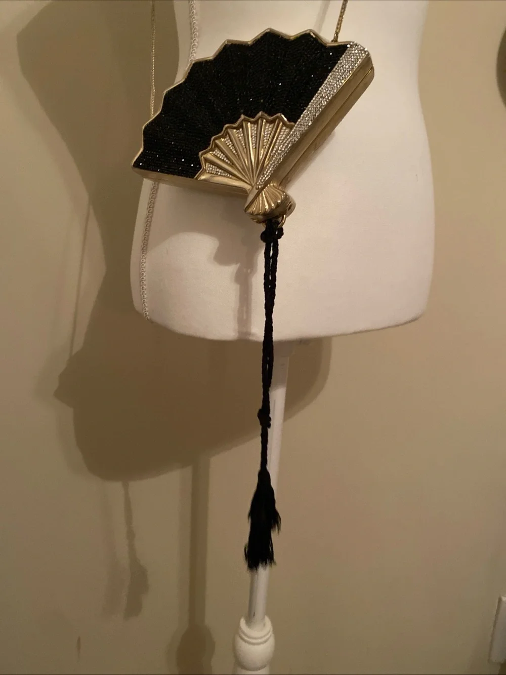 Vintage Judith Leiber Black, Gold & Silver Fan Minaudière